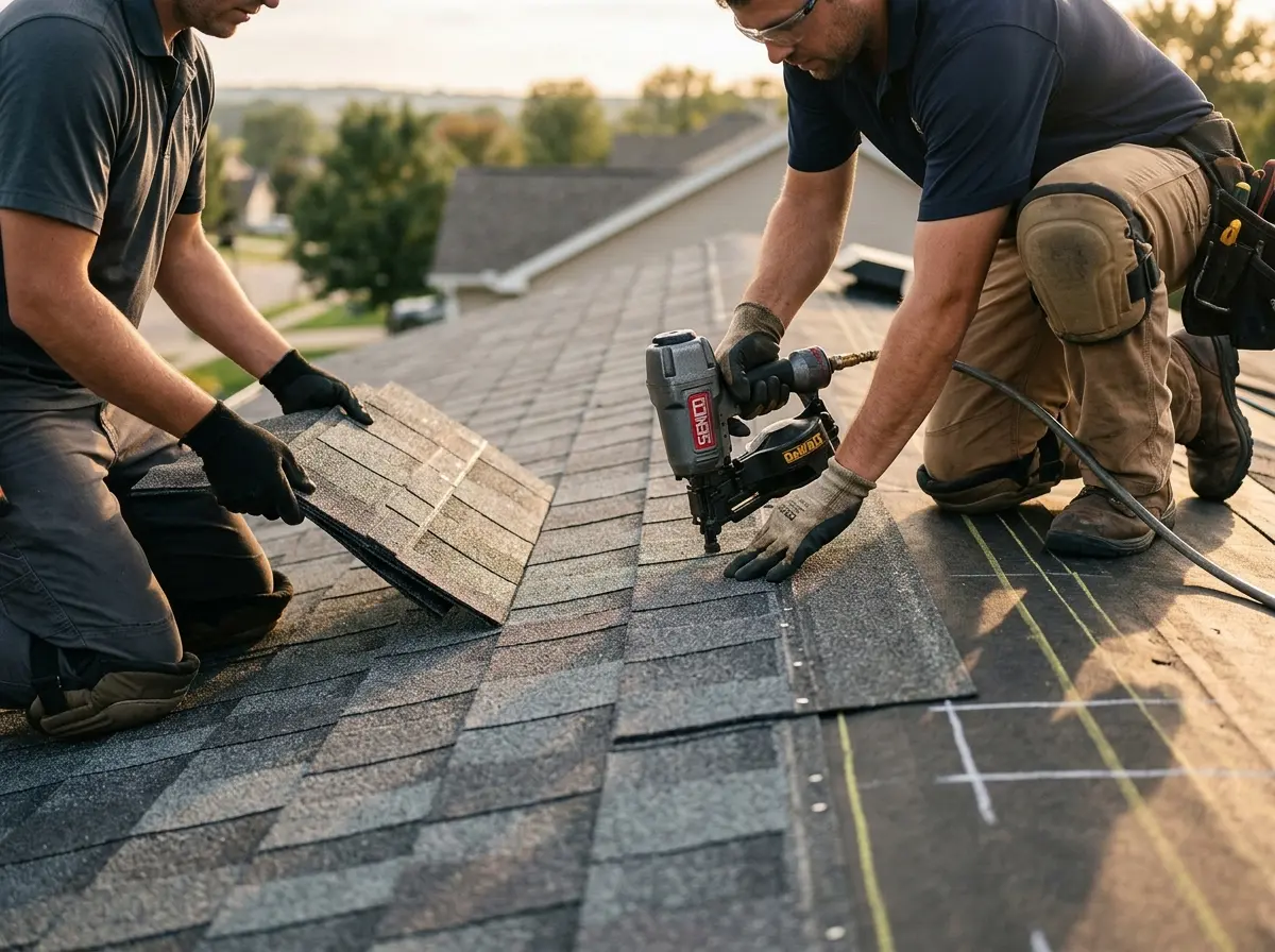 Professional roofer working on a residential roof in Whitewater